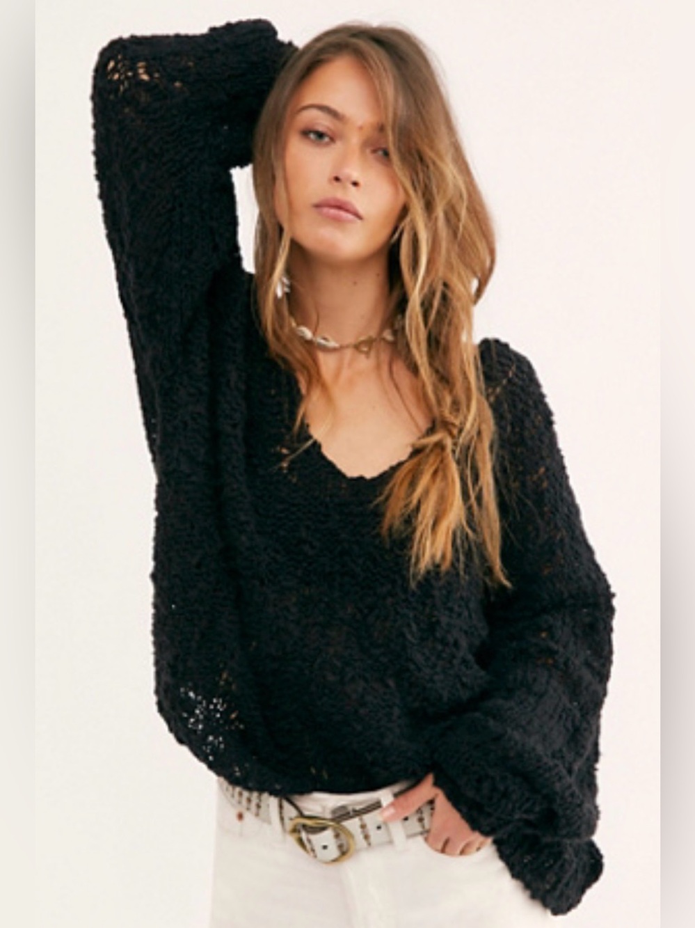 Free People Sunday Shore Pullover Black Open Knit Oversized Sweater